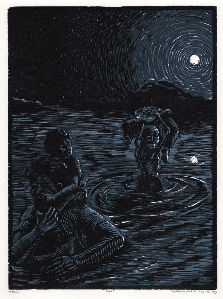 Ramiro Rodriguez, Toll, linoleum reduction relief print, 2016