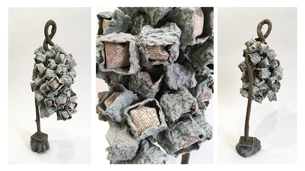 Sue O'Donnell, Nest, mixed found objects w/text, 2016