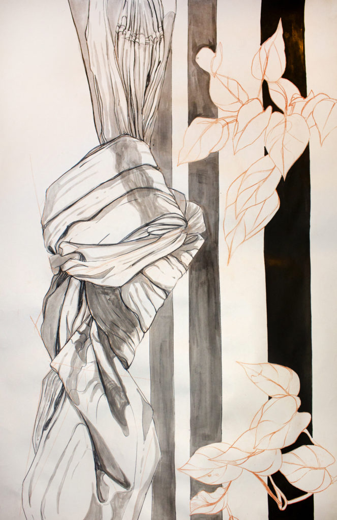 Tied - Janell Heck, conte, ink, prismacolor