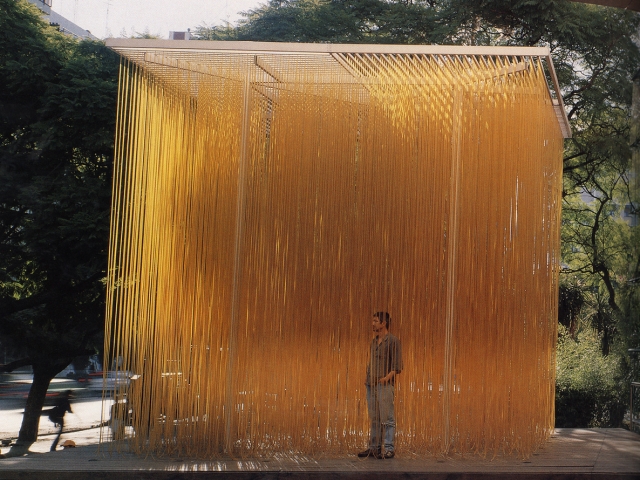 Penetrable Amarillo (Yellow Penetrable); Jesús Rafael Soto, 1973 CE (and 1995 CE), iron, acrylic, and nylon, 204-3/4 x 204-3/4 x 204-3/4&quot;