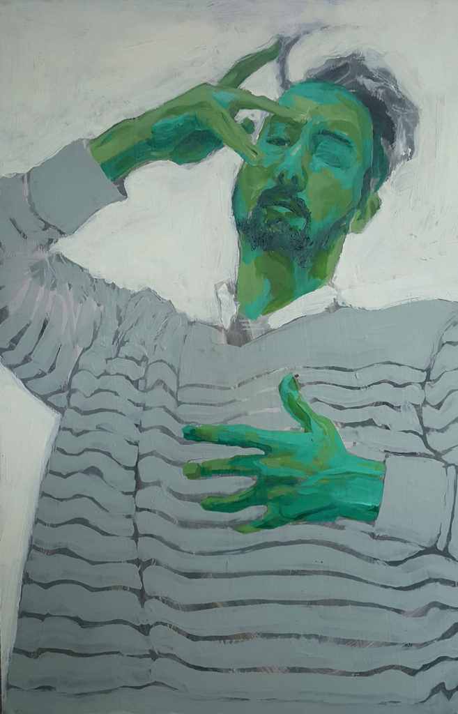 Green Selfie - Isaak Wilhelm, acrylic on wood panel, 3&#039; x 2&#039;