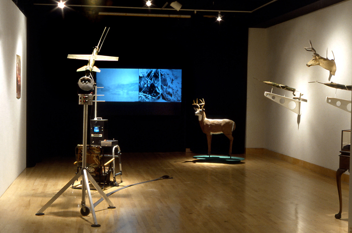 A Contrivance to Hunt Deer at Great Distances (installation view); Paul Stout; guided missile system consisting of video documentation, target deer decoy (foam, paint, steel, TV camera, wood), control apparatus (plastic, aluminum, TV, batteries, and electronics), launch platform (aluminum, steel, electronics), missiles (wood, cardboard, paint, plastic, electronics), display case (wood, plastic, fabric, paper napkin), spent missiles (wood, cardboard, paint, plastic, electronics, on wooden display brackets), dimensions variable