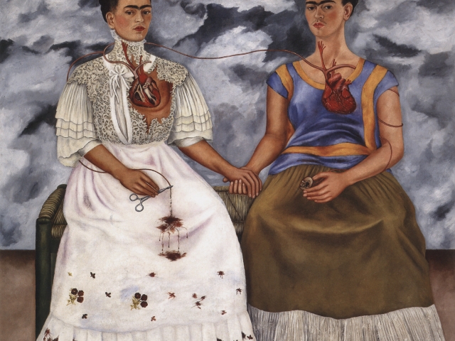 The Two Fridas; Frida Kahlo, 1939 CE, oil on canvas, 68-3/8 x 68-1/2"; Museo de Arte Moderno, Mexco City (Mexico)