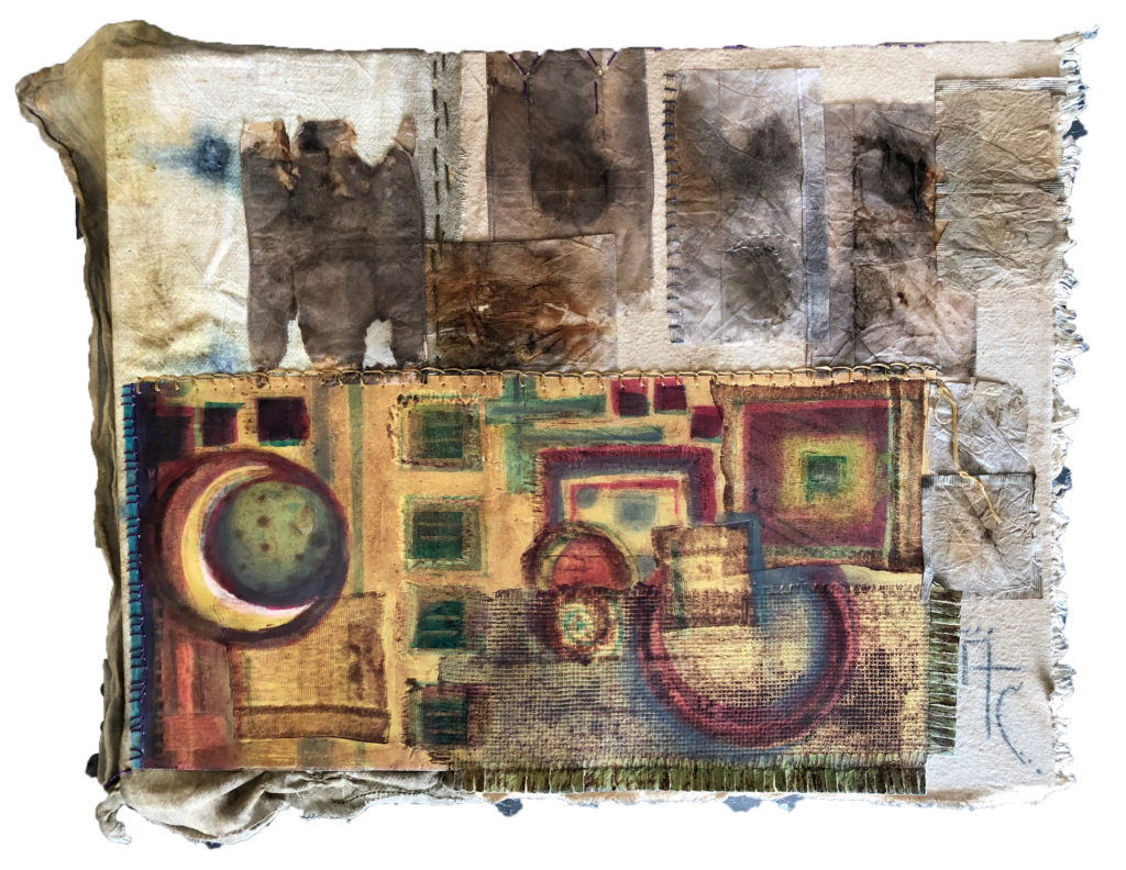 Annalisa Campbell.Luna Tapestry 34 x 15 Collagraph, Ecoprint, Collage, Stitching 2019