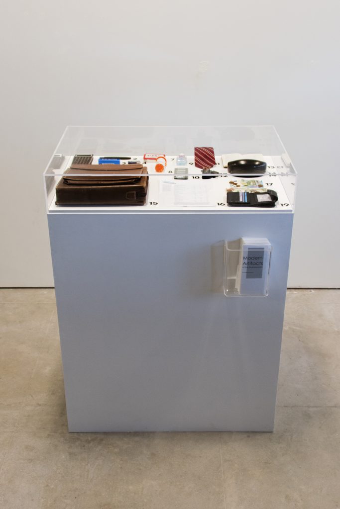 Artifacts of the Modern Business Man, Natalie Cheatham, 2019, Found Objects, Wood, Plexiglass, ~ 4 x 4.5 x 3’