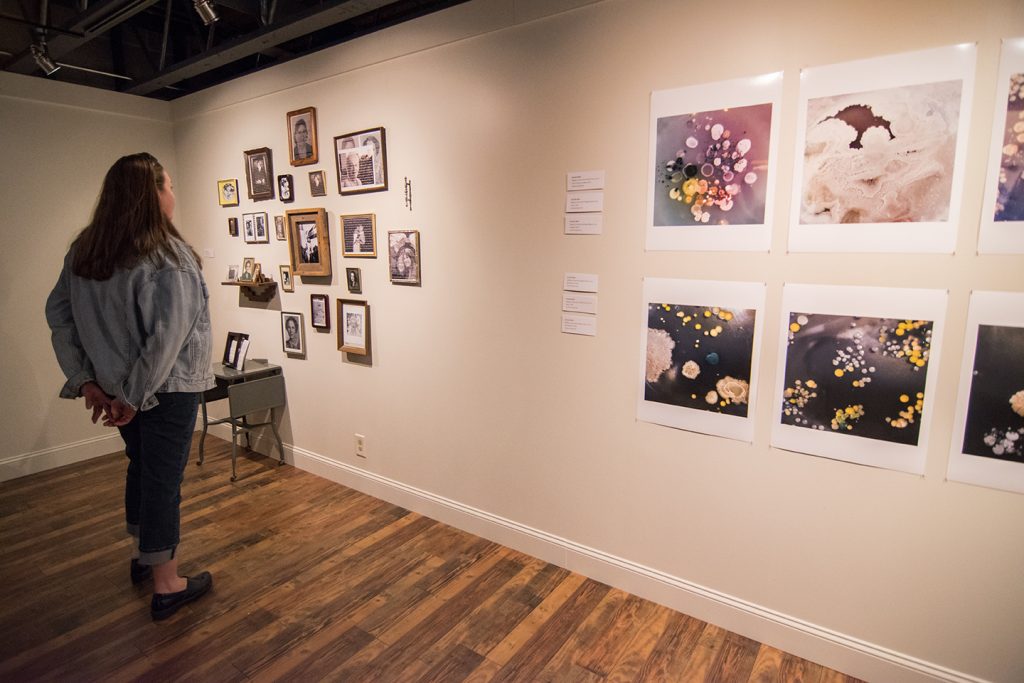 Warnock Class Exhibition, Miri Gallery, April 2016, artwork by Vanessa Romo (left), and Annette Mehr (right)