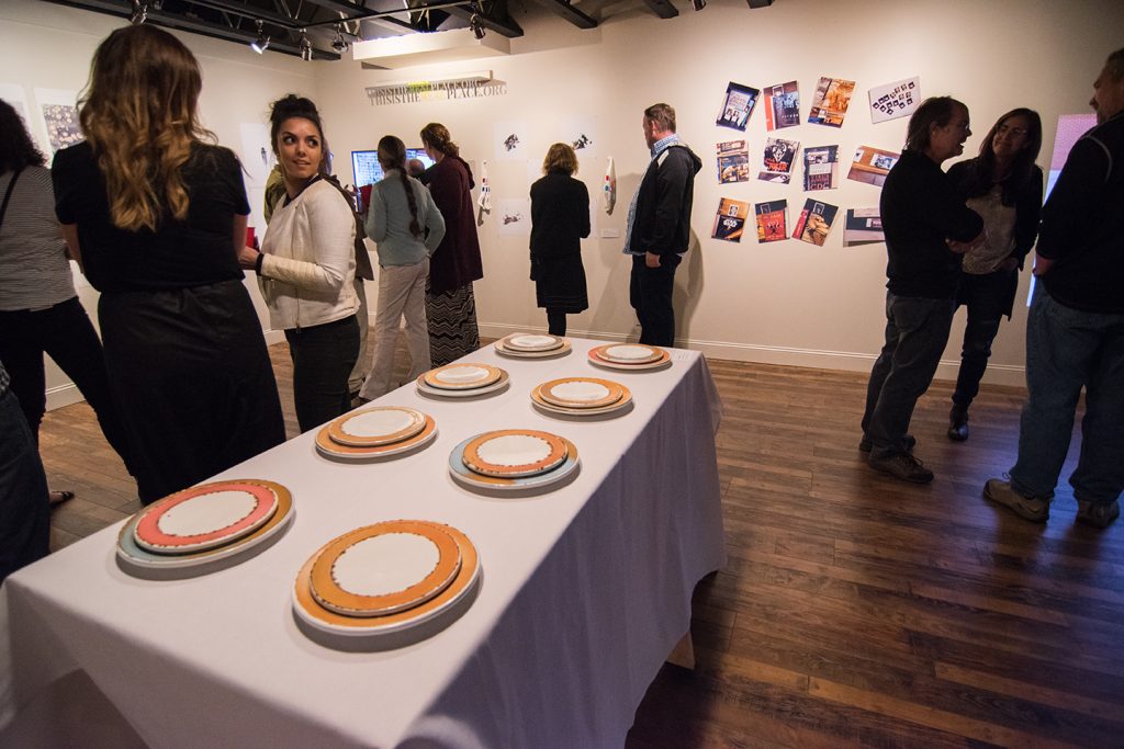 Warnock Class Exhibition, Miri Gallery, April 2016, artwork by Austin Riddle (foreground), and Caroline Byard (background)