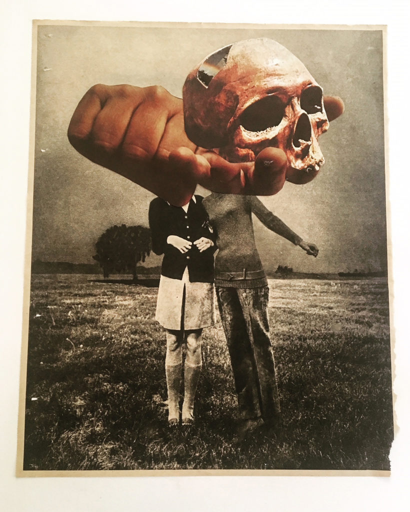 Dafna Steinberg.Untitled (Skull in Hand), 21" x 18", mixed vintage paper collage, 2018