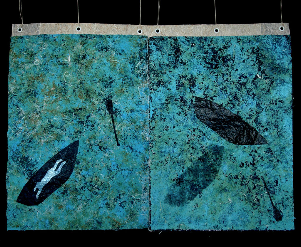Florence Alfano McEwin.Syria, For Alan Kurdi diptych monoprint 2016 30” x 44” Collagraph of vegetation and carborundum with stencils and pochoir on unryu