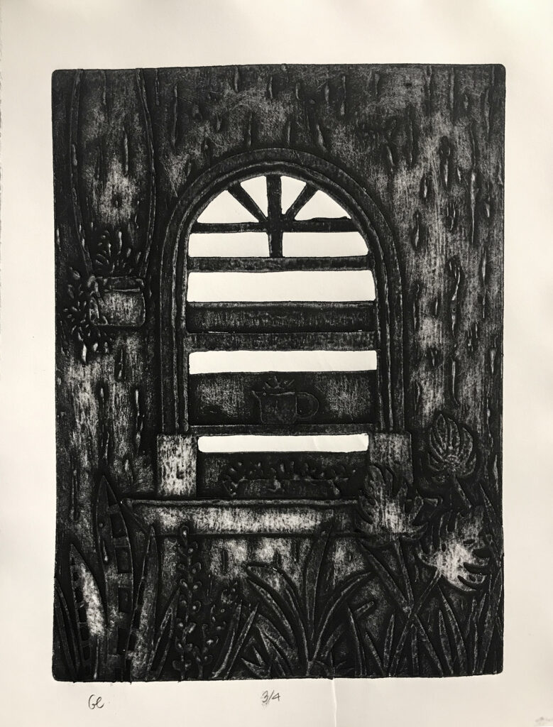 Evidence, Spring 2019; collagraph by Grecia Corona