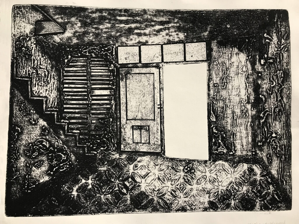Evidence, Spring 2019; collagraph by Saralyn Godspeed