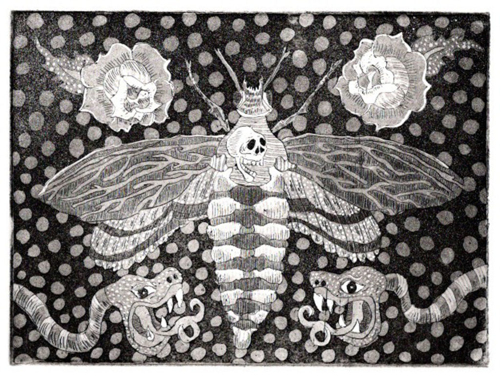 Jonathan Nicklow.Death Head Moth 12x16in framed etching and aquatint 2019