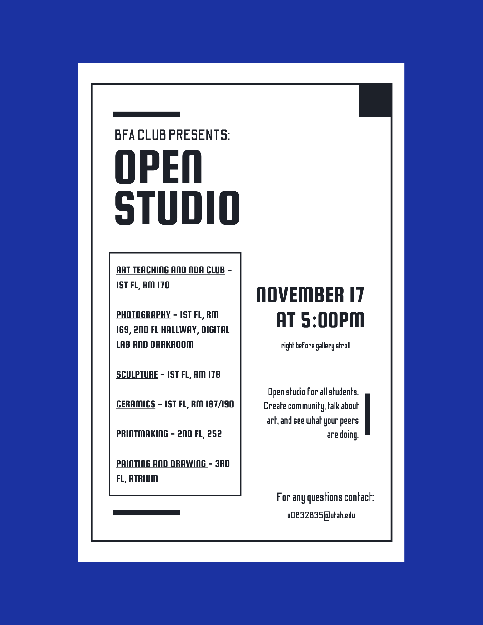 BFA Club Presents: 1st Open Studio poster