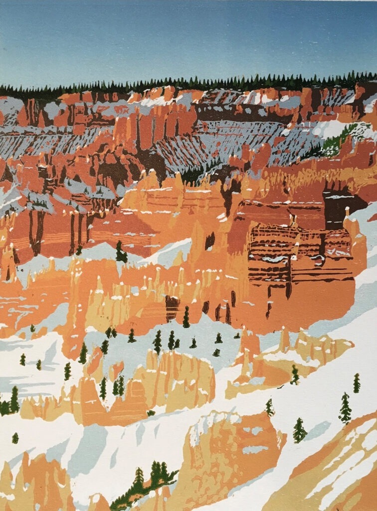 Bryce in Winter, Rob Chipman, reduction linocut, 12x9