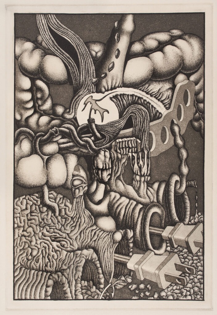 I Awoke In a Place Where the Natives Rose Like Fungus, Russ Revock, etching and aquatint, 6×8.75