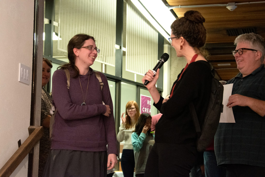 Annual Student Exhibition Opening Reception: Juror Felicia Baca presents the Best-In-Show award to Anita Hawkins for <em>After Rothko</em>