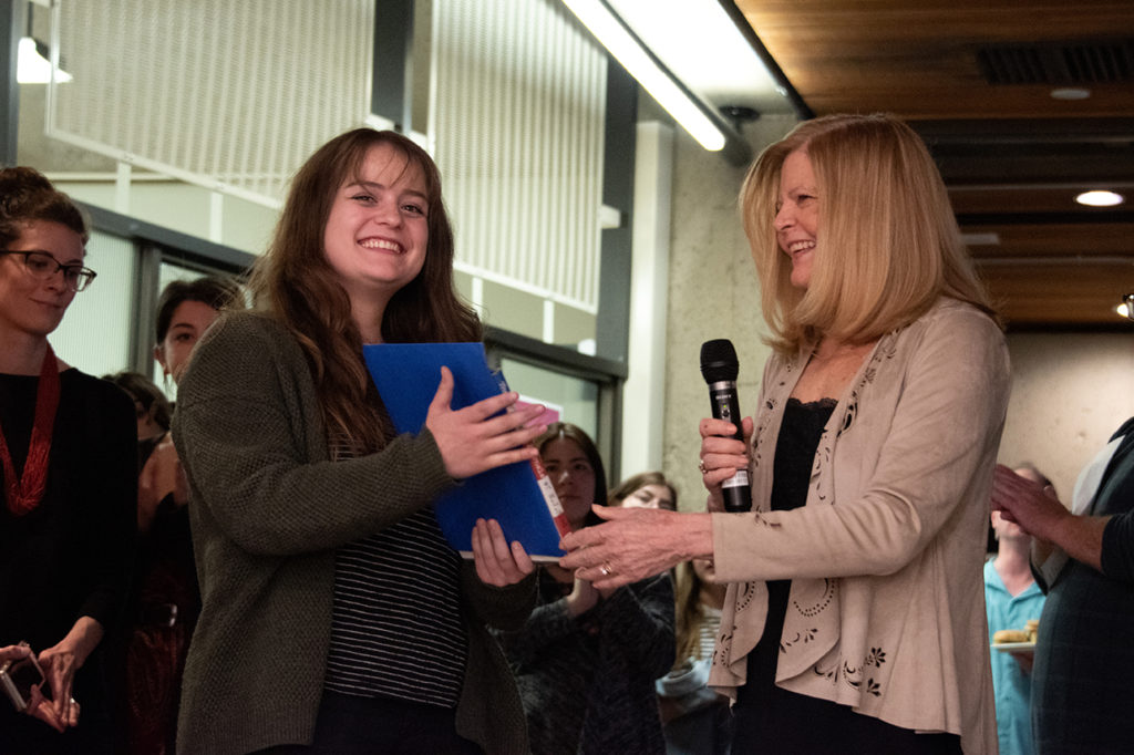 Annual Student Exhibition Opening Reception: Jill Brinkerhoff presents the EJ Bird scholarship award to Morganne Cope