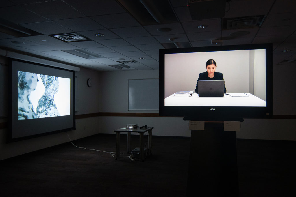 Video Evidence Exhibition, artwork by Araceli Haslam (left) and Natalie Cheatham (right)