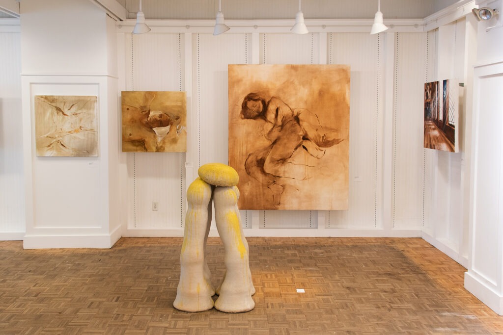 2022 BFA Show - Artwork: Costock (sculpture), London Matthews, April Thomsen (paintings l-r)