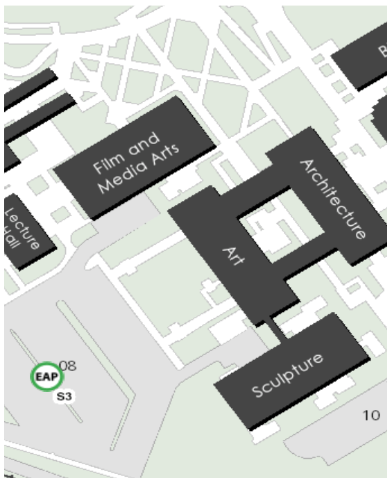 Emergency Assembly Point (EAP in green) Located at Emergency Evacuation Procedures Center of Parking Lot #8 West of Art Building