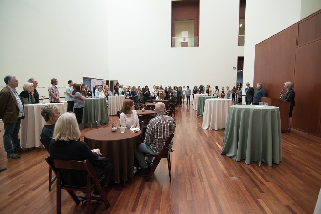 Site Lines; UMFA Director Gretchen Dietrich speaking during the opening reception