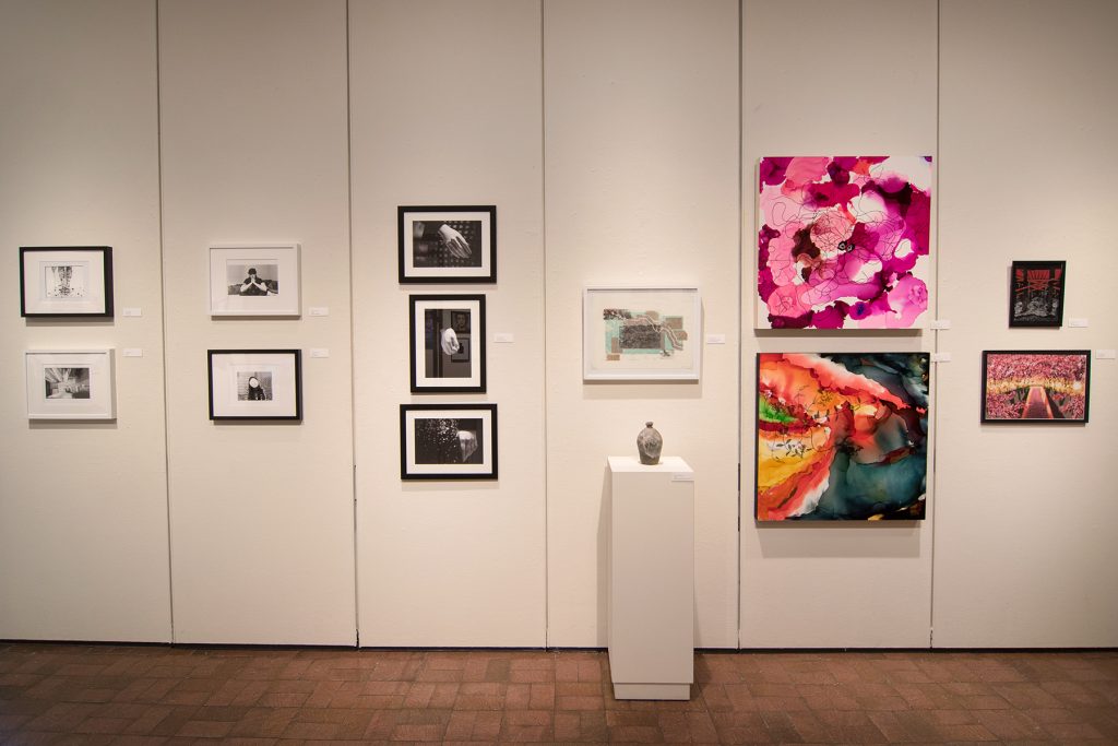 Annual Student Exhibition, 2018: installation view with artwork by Rachel Roser, Kaitlyn Irvine, Madison Lopez, Kristen Bennett, Thomas Shrieve, Haylee Canonico, Nikita Nenashev, Leah Caldwell, Hazel Coppola, and Jenny Whitecar