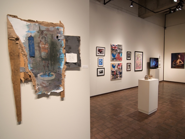 Annual Student Exhibition, 2018: installation view with artwork by Mitchell Lee (foreground left), Chyna Farrior, Hari Jung, Natalie Hopes, Frances Lewicki, Alissa Allred, Thomas Shrieve, James Hadley, Nikita Nenashev, Anita Hawkins, Madison Lopez, Sogol Kiamanesh, Lucy LeBohec, and Haylee Canonico