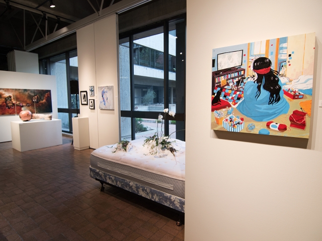 Annual Student Exhibition, 2018: installation view with artwork by Enrique Ortega, Nemo Miller, Emily McMurray, Alissa Allread, Sogol Kiamanesh, Abigail Mitchell, Christina Anderson, and Erin Strickland (foreground right)