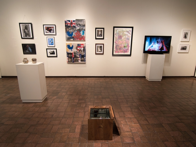 Annual Student Exhibition, 2018: installation view with artwork by Nikita Nenashev and Christian Hartshorn (foreground 3D work), Ethan Edwards, Hazel Coppola, Chyna Farrior, Hari Jung, Natalie Hopes, Frances Lewicki, Alissa Allred, Thomas Shrieve, James Hadley, Anita Hawkins, Madison Lopez, and Sogol Kiamanesh (background)