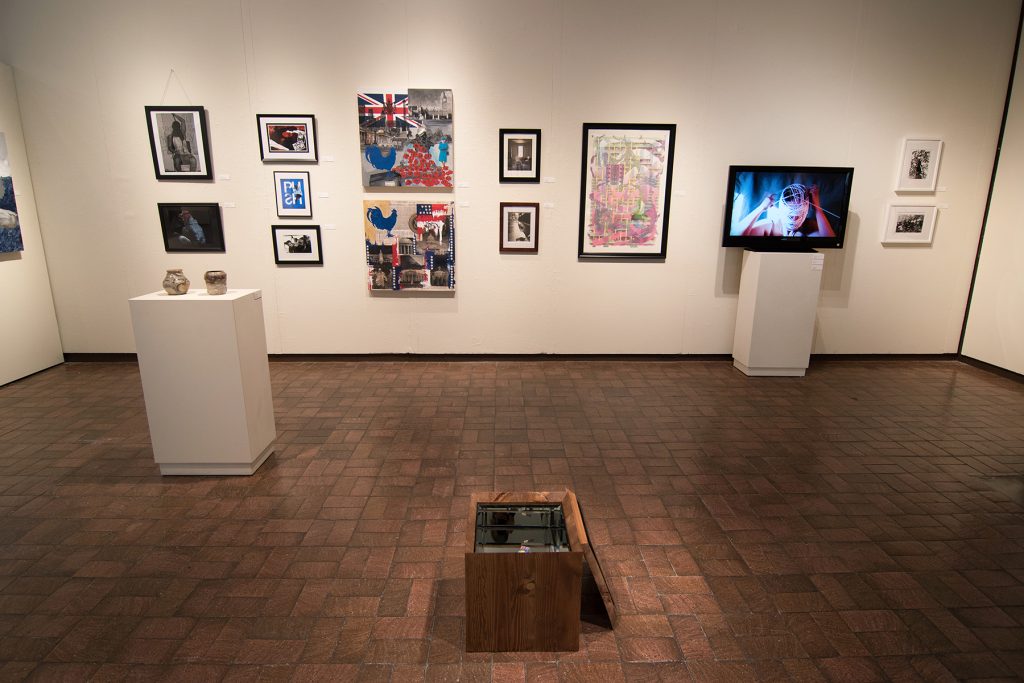 Annual Student Exhibition, 2018: installation view with artwork by Nikita Nenashev and Christian Hartshorn (foreground 3D work), Ethan Edwards, Hazel Coppola, Chyna Farrior, Hari Jung, Natalie Hopes, Frances Lewicki, Alissa Allred, Thomas Shrieve, James Hadley, Anita Hawkins, Madison Lopez, and Sogol Kiamanesh (background)