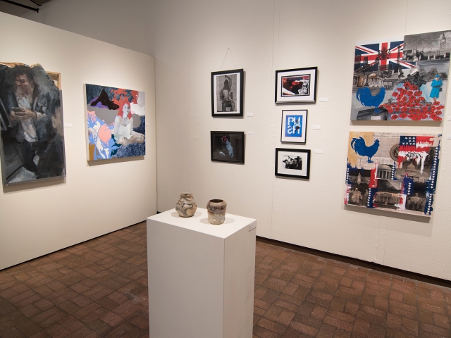 Annual Student Exhibition, 2018: installation view with artwork by Nikita Nenashev (foreground), Mitchell Lee, Abigail Mitchell, Ethan Edwards, Hazel Coppola, Chyna Farriot, Hari Jung, Natalie Hopes, and Frances Lewicki