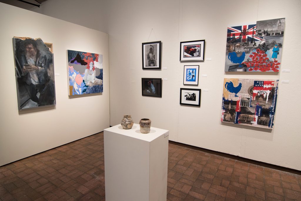Annual Student Exhibition, 2018: installation view with artwork by Nikita Nenashev (foreground), Mitchell Lee, Abigail Mitchell, Ethan Edwards, Hazel Coppola, Chyna Farriot, Hari Jung, Natalie Hopes, and Frances Lewicki