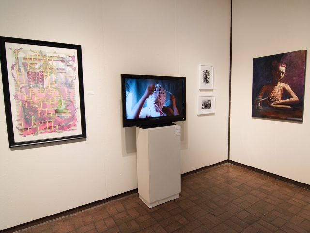 Annual Student Exhibition, 2018: installation view with artwork by James Hadley, Anita Hawkins, Madison Lopez, Sogol Kiamanesh, and Lucy Le Bohec