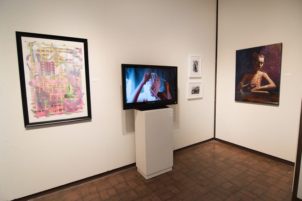 Annual Student Exhibition, 2018: installation view with artwork by James Hadley, Anita Hawkins, Madison Lopez, Sogol Kiamanesh, and Lucy Le Bohec
