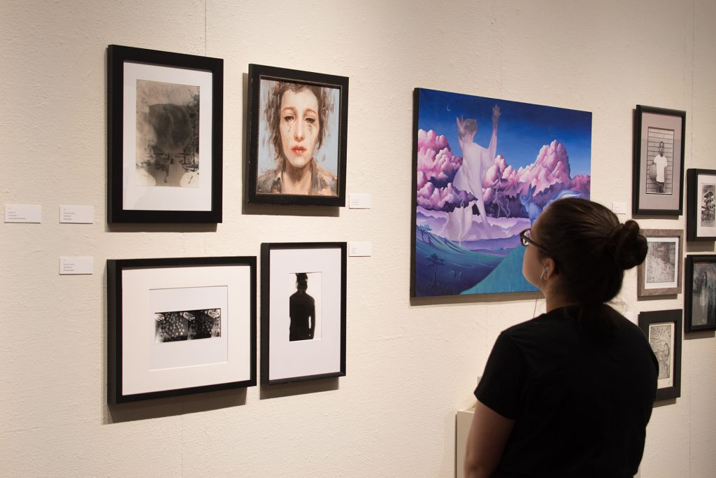 Annual Student Exhibition, 2018: Opening Reception; artwork by Natalie Hopes, Rachel Roser, Lucy Le Bohec, Hari Jung, Halley Bruno, Chyna Farrior, Hazel Coppola, Brooklyn Sena, Madison Lopez, and Rachel Urban