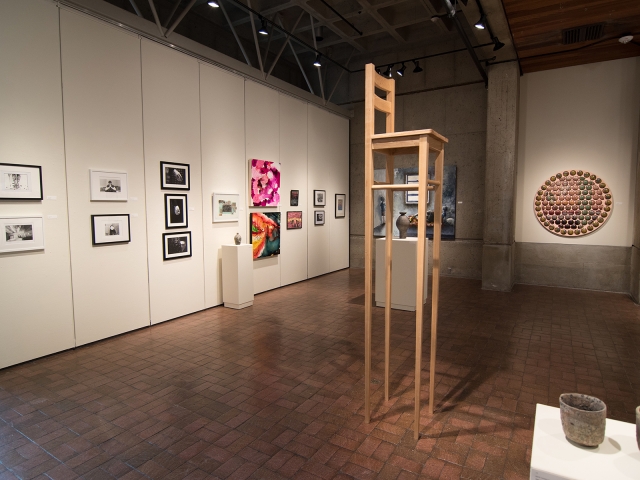 Annual Student Exhibition, 2018: installation view with artwork by Rachel Roser, Kaitlyn Irvine, Madison Lopez, Kristen Bennett, Thomas Shrieve, Haylee Canonico, Nikita Nenashev, Leah Caldwell, Hazel Coppola, Jenny Whitecar, Hari Jung, James Hadley, Nate Francis (chair), Macy Kennett, Julia Hummer, and Nikita Nenashev (left to right)