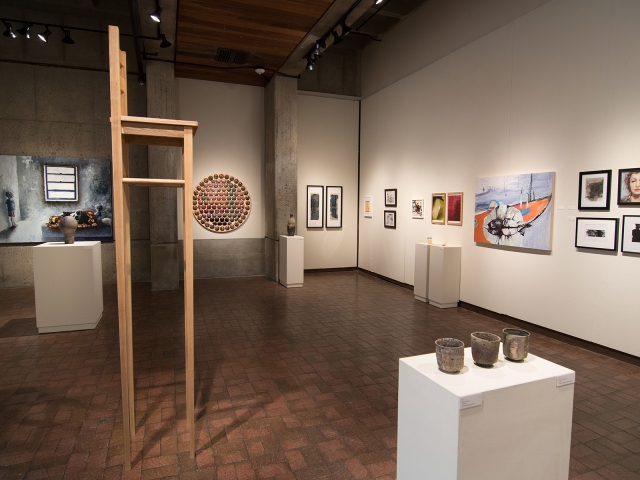 Annual Student Exhibition, 2018: installation view with artwork by Lucy Le Bohec, Nikita Nenashev, Nate Francis, Macy Kennett, Julia Hummer, Mikey Baratta, Dilan Li, Leah Caldwell, Sayde Price, Natalie Hopes, Rachel Roser, Hari Jung, and Nikita Nenashev