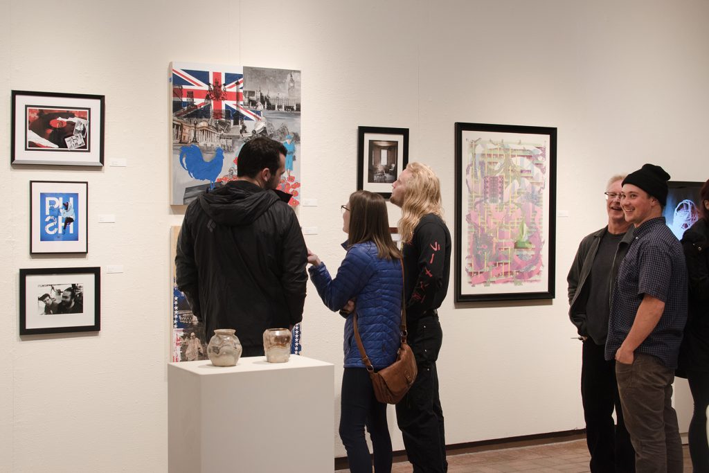 Annual Student Exhibition, 2018: Opening Reception; artwork by Nikita Nenashev (foreground), Chyna Farrior, Hari Jung, Natalie Hopes, Frances Lewicki, Alissa Allred, and James Hadley