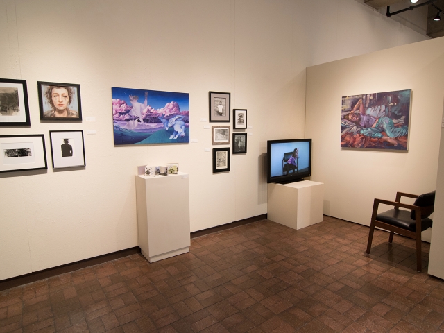 Annual Student Exhibition, 2018: installation view with artwork by Natalie Hopes, Rachel Roser, Lucy Le Bohec, Hari Jung, Halley Bruno, Noelle Olsen, Chyna Farrior, Hazel Coppola, Brooklyn Sena, Madison Lopez, Rachel Urban, Emily McMurray, and Annie Platt