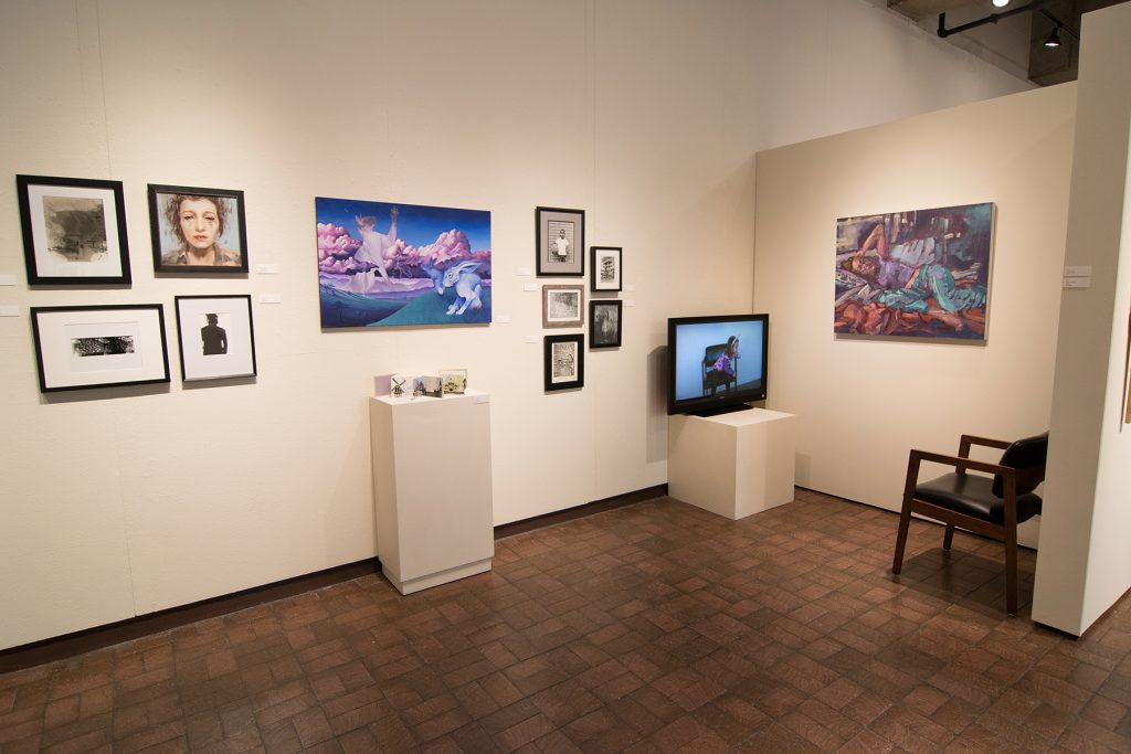 Annual Student Exhibition, 2018: installation view with artwork by Natalie Hopes, Rachel Roser, Lucy Le Bohec, Hari Jung, Halley Bruno, Noelle Olsen, Chyna Farrior, Hazel Coppola, Brooklyn Sena, Madison Lopez, Rachel Urban, Emily McMurray, and Annie Platt