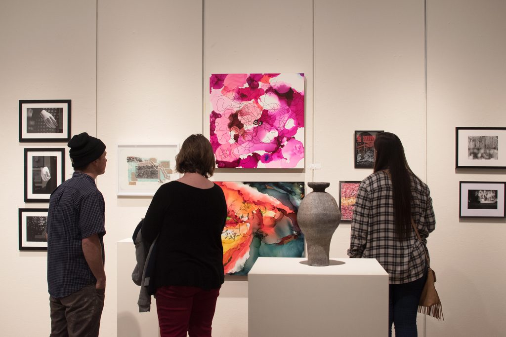 Annual Student Exhibition, 2018: Opening Reception; artwork by Thomas Shrieve, Haylee Canonico, Leah Caldwell, and Nikita Nenashev