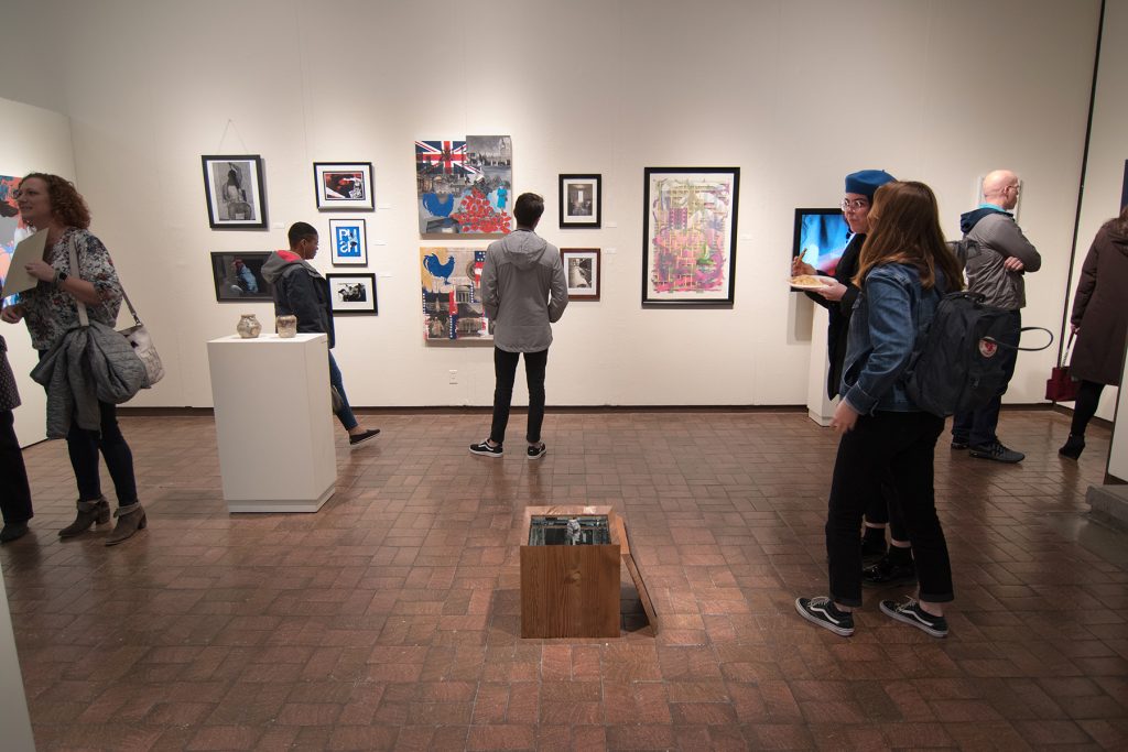 Annual Student Exhibition, 2018: Opening Reception; artwork by Nikita Nenashev and Christian Hartshorn (foreground 3D work), Ethan Edwards, Hazel Coppola, Chyna Farrior, Hari Jung, Natalie Hopes, Frances Lewicki, Alissa Allred, Thomas Shrieve, and James Hadley (background)