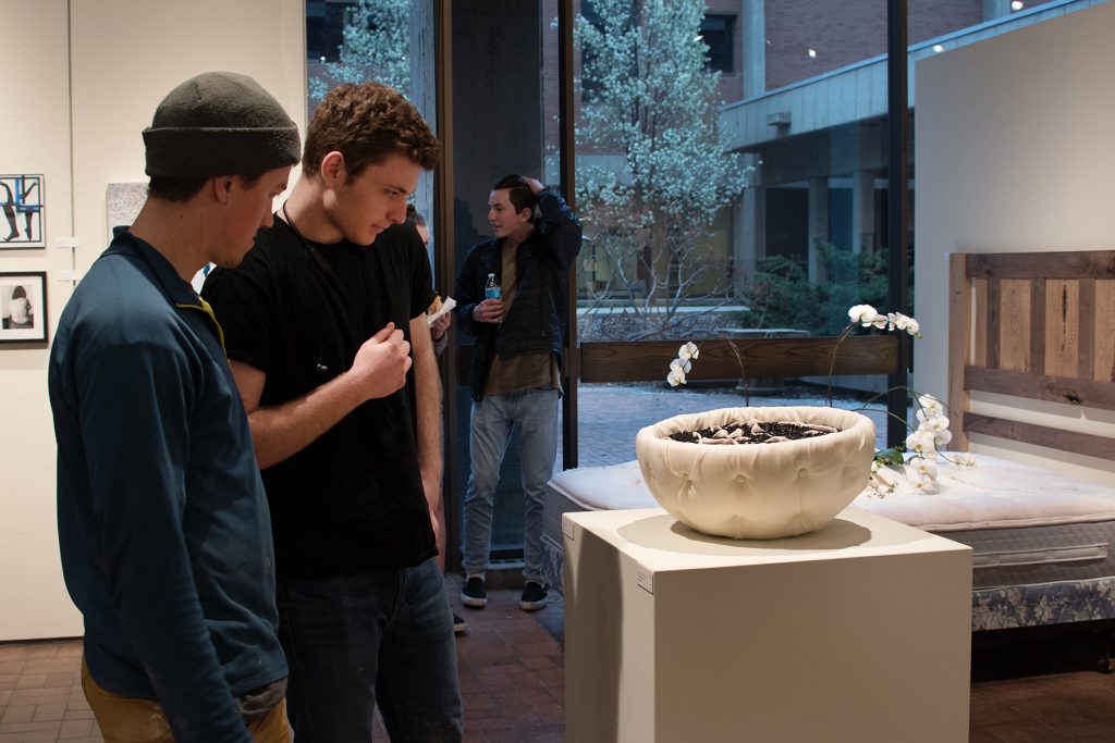 Annual Student Exhibition, 2018: Opening Reception; artwork by Madison Donnelly (foreground)