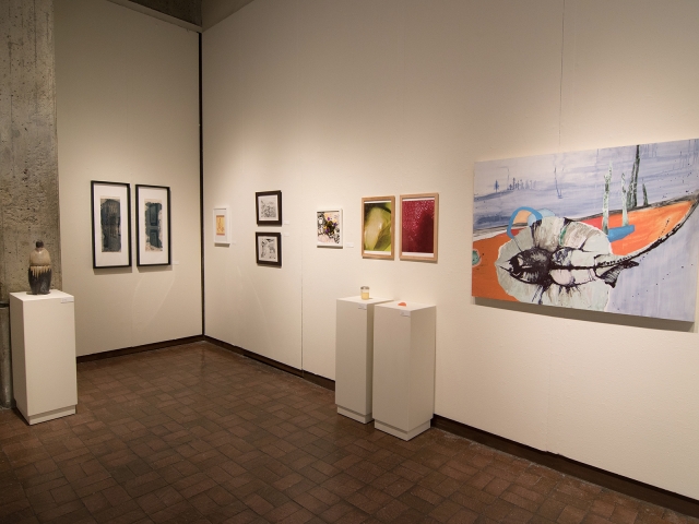 Annual Student Exhibition, 2018: installation view with artwork by Julia Hummer, Mikey Baratta, Dilan Li, Leah Caldwell, Sayde Price