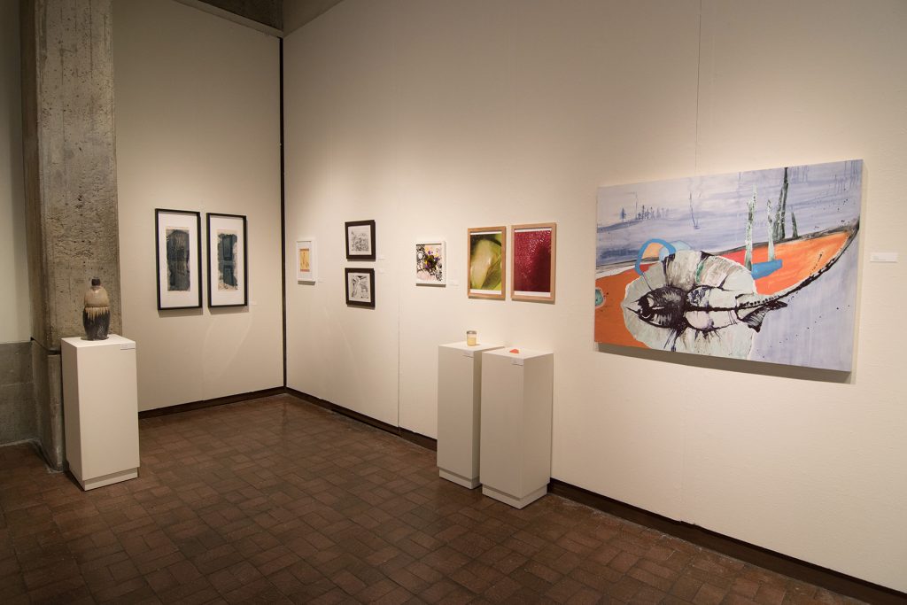 Annual Student Exhibition, 2018: installation view with artwork by Julia Hummer, Mikey Baratta, Dilan Li, Leah Caldwell, Sayde Price