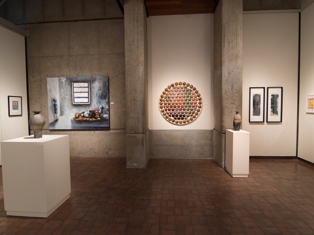 Annual Student Exhibition, 2018: installation view with artwork by Kristen Bennett, Hari Jung, James Hadley, Nikita Nenashev, Lucy Le Bohec, Macy Kennett, Julia Hummer, and Mikey Baratta