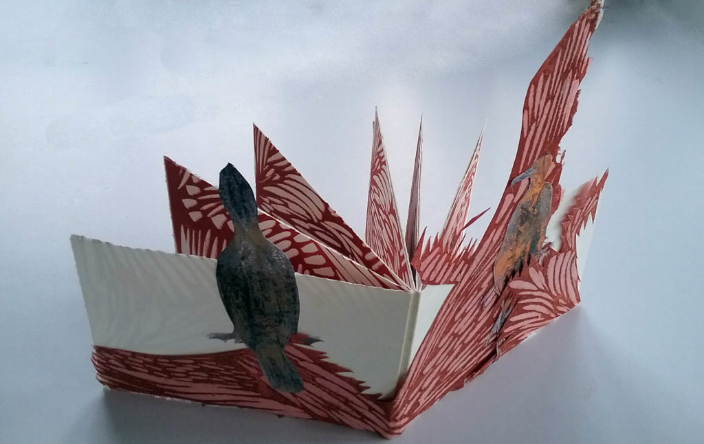 Victoria Tasch.Empty Nest, 9" x 13" x 7" (open) relief and hotfoil prints on rives and handmade paper. Drumleaf book. 2019