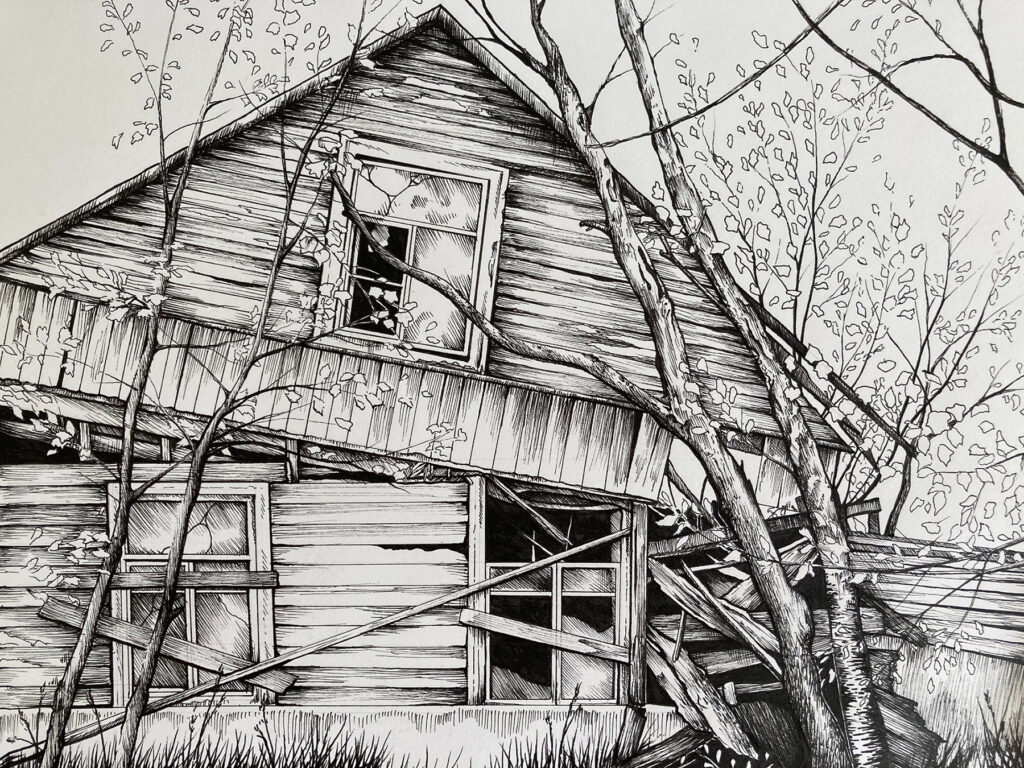 Dilapidated House II, Whitney Staheli, pen on paper, 10×8.5